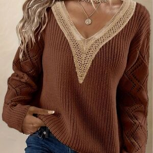 Rust Knit Sweater with Crochet Lace V-Neck –